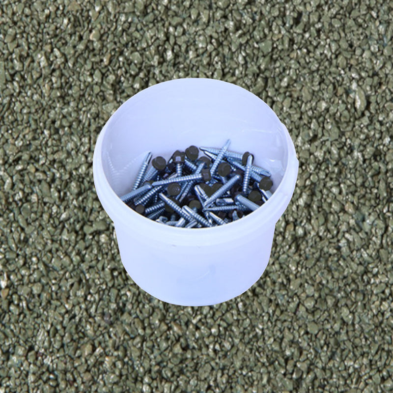 An image showing a tub of 0.9mm Britmet Plus Tile Tek Screws in the colour Tartan Green