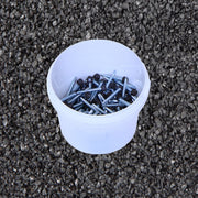 An image showing a tub of 0.9mm Britmet Plus Tile Tek Screws in the colour Titanium Grey