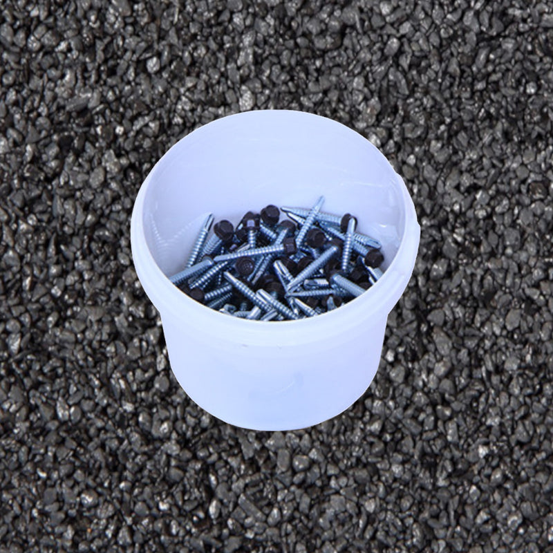 An image showing a tub of 0.9mm Britmet Plus Tile Tek Screws in the colour Titanium Grey