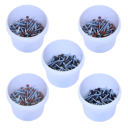 An image of the different colours for the  Britmet Plus Tile Tek Screws in 0.9mm. The colours are Bramble Brown, Rustic Brown, Rustic Terracotta, Tartan Green and Titanium Grey.