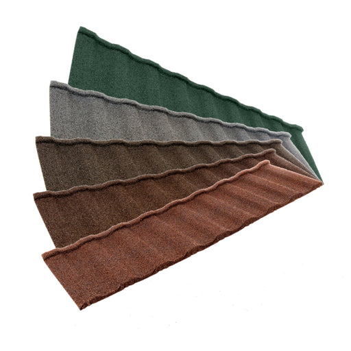 An image of the different colours of Britmet Profile 49 Roof Shingles. Bramble Brown, Rustic Brown, Rustic Terracotta, Tartan Green and Titanium Grey.