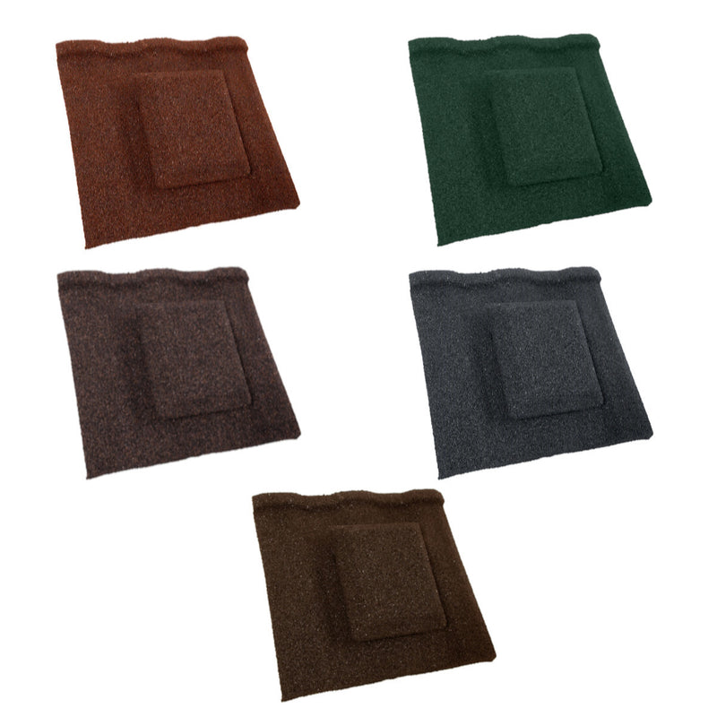An image of the different colours for the  Britmet Profile 49 Roof vent. The colours are Bramble Brown, Rustic Brown, Rustic Terracotta, Tartan Green and Titanium Grey.
