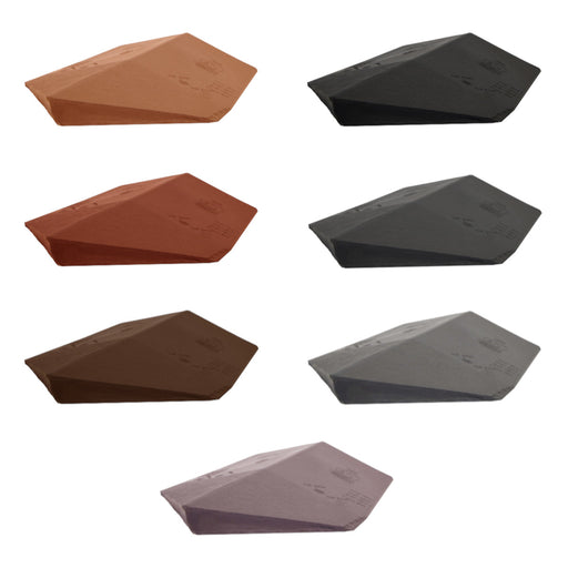 An image of the different colours for Britmet LiteSlate Roof End Capsin 90 degrees. Amethyst, Ash, Charcoal, Oak, Slate Grey, Sage Green, Tudor Brown.