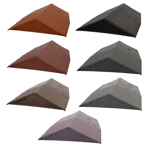 An image of the different colours for Britmet LiteSlate Roof Ridge End Caps. Amethyst, Ash, Charcoal, Oak, Slate Grey, Sage Green, Tudor Brown.