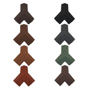 An image of the different colours for the  Britmet Roof Shingle 3 Way Top Cap. The colours are Bramble Brown, Rustic Brown, Rustic Raven, Rustic Terracotta, Rustic Red, Smoked Oak, Tartan Green, Titanium Grey