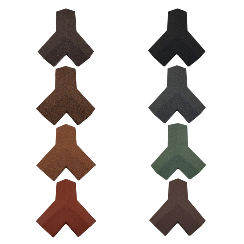 An image of the different colours for the  Britmet Roof Shingle 3 Way Top Cap. The colours are Bramble Brown, Rustic Brown, Rustic Raven, Rustic Terracotta, Rustic Red, Smoked Oak, Tartan Green, Titanium Grey