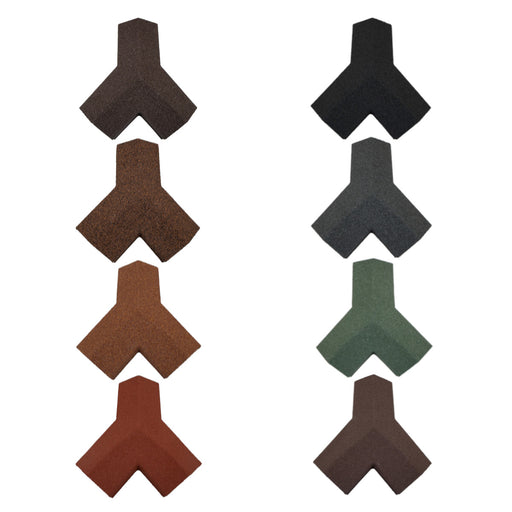 An image of the different colours for the  Britmet Roof Shingle 3 Way Top Cap. The colours are Bramble Brown, Rustic Brown, Rustic Raven, Rustic Terracotta, Rustic Red, Smoked Oak, Tartan Green, Titanium Grey