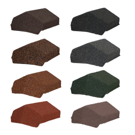 An image of the different colours for the  Britmet Roof Shingle End Cap 135. The colours are Bramble Brown, Rustic Brown, Rustic Raven, Rustic Terracotta, Rustic Red, Smoked Oak, Tartan Green, Titanium Grey