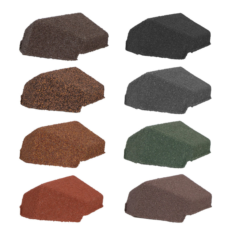 An image of the different colours for the  Britmet Roof Shingle End Cap 90. The colours are Bramble Brown, Rustic Brown, Rustic Raven, Rustic Terracotta, Rustic Red, Smoked Oak, Tartan Green, Titanium Grey
