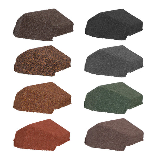 An image of the different colours for the  Britmet Roof Shingle End Cap 90. The colours are Bramble Brown, Rustic Brown, Rustic Raven, Rustic Terracotta, Rustic Red, Smoked Oak, Tartan Green, Titanium Grey