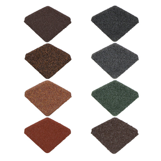 An image of the different colours for the  Britmet Roof Shingle Ridge End Cap. The colours are Bramble Brown, Rustic Brown, Rustic Raven, Rustic Terracotta, Rustic Red, Smoked Oak, Tartan Green, Titanium Grey