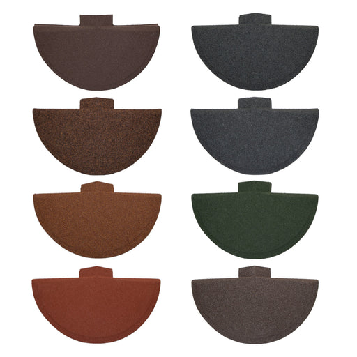 An image of the different colours for the  Britmet Roof Shingle Universal Top Cap. The colours are Bramble Brown, Rustic Brown, Rustic Raven, Rustic Terracotta, Rustic Red, Smoked Oak, Tartan Green, Titanium Grey