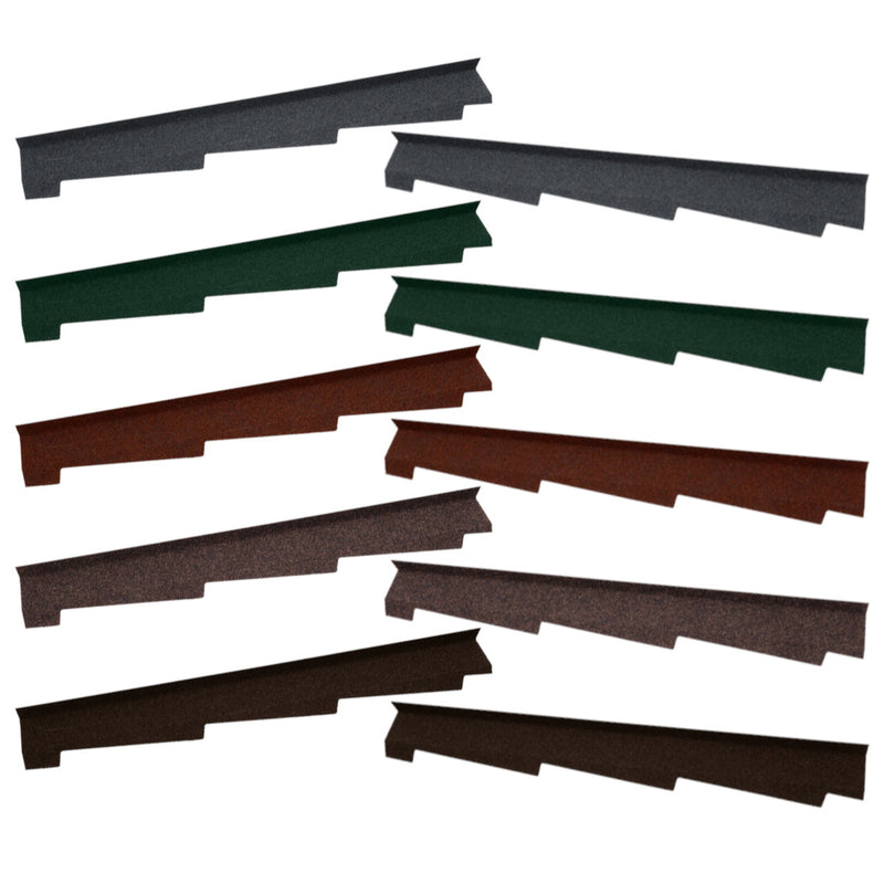 An image of the different colours for the left and right hand Britmet Roof Side Wall. The colours are Bramble Brown, Rustic Brown, Rustic Terracotta, Tartan Green and Titanium Grey.