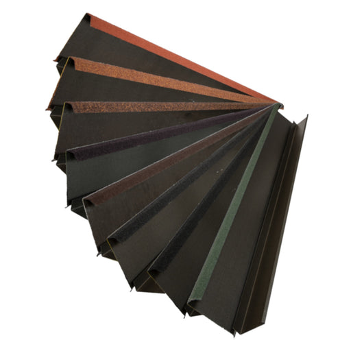 An image of the different colours offered for Britmet Two-Part Roof Barge Soakers. Including Bramble Brown, Raven, Rustic Brown, Rustic Red, Rustic Terracotta, Smoked Oak, Tartan Green and Titanium Grey.