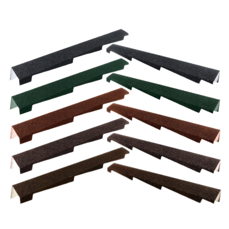 An image of both the left and right Britmet Roof Verges in the colours Bramble Brown, Rustic Brown, Rustic Terracotta, Tartan Green and Titanium Grey