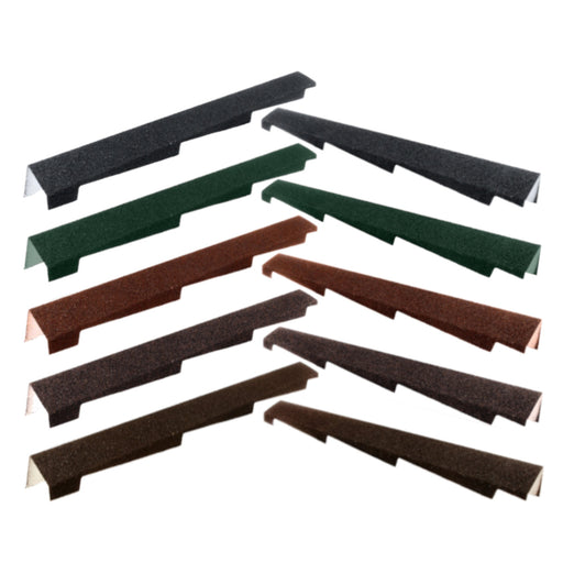 An image of both the left and right Britmet Roof Verges in the colours Bramble Brown, Rustic Brown, Rustic Terracotta, Tartan Green and Titanium Grey