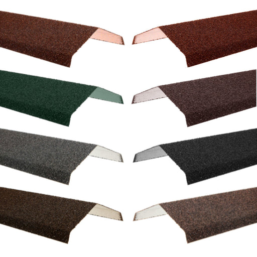An image of the different colours for the  Britmet Shingle Angle Roof Ridge. The colours are Bramble Brown, Rustic Brown, Rustic Raven, Rustic Terracotta, Rustic Red, Smoked Oak, Tartan Green, Titanium Grey