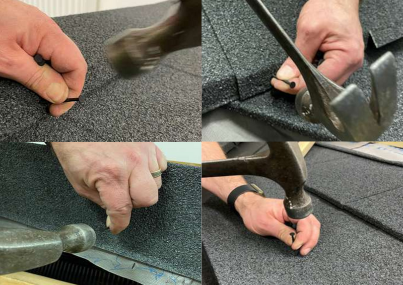 An image of Britmet Shingle Roofing Nails that are 30mm in size and have a protective Black coating being used on shingles to show what they look like and how they blend in.