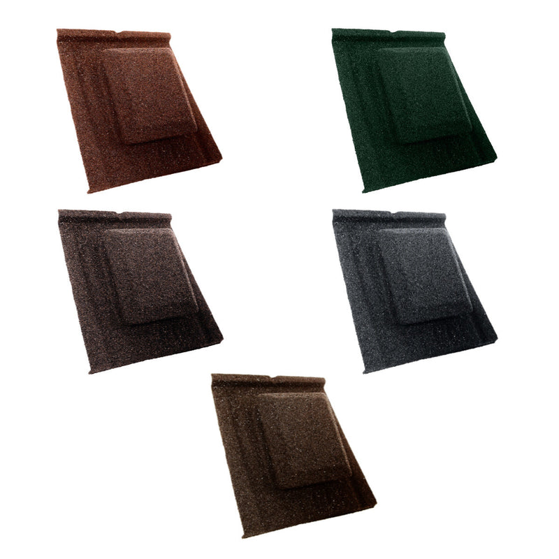 An image of the different colours for the  Britmet Slate 2000 Roof tile vent. The colours are Bramble Brown, Rustic Brown, Rustic Terracotta, Tartan Green and Titanium Grey.