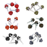 An image of the different colours of the Pantile 2000 Stitching Fixing Screws. They are Antique Red Charcoal, Mid Grey, Sage Green, Terracotta and Tudor Brown
