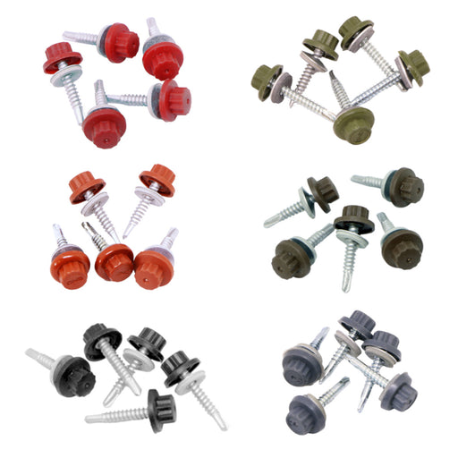An image of the different colours of the Pantile 2000 Stitching Fixing Screws. They are Antique Red Charcoal, Mid Grey, Sage Green, Terracotta and Tudor Brown