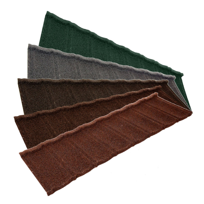 An image of the different colours for the  Britmet Ultratile Roof Shingle Tile. The colours are Bramble Brown, Rustic Brown, Rustic Terracotta, Tartan Green and Titanium Grey.