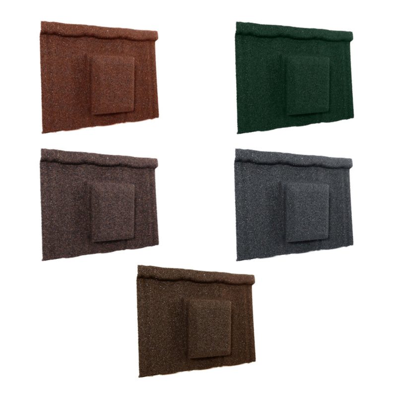An image of the different colours for the  Britmet Ultratile Roof tile vent. The colours are Bramble Brown, Rustic Brown, Rustic Terracotta, Tartan Green and Titanium Grey.