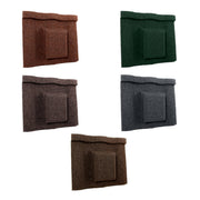 An image of the different colours for the  Britmet VIllatile Roof tile vent. The colours are Bramble Brown, Rustic Brown, Rustic Terracotta, Tartan Green and Titanium Grey.