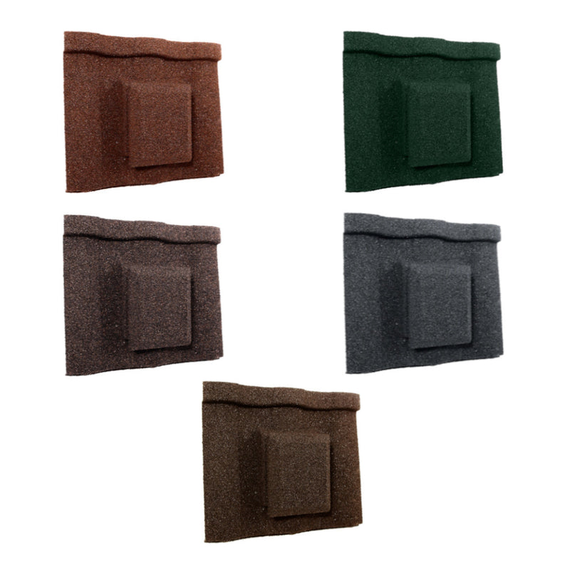 An image of the different colours for the  Britmet VIllatile Roof tile vent. The colours are Bramble Brown, Rustic Brown, Rustic Terracotta, Tartan Green and Titanium Grey.