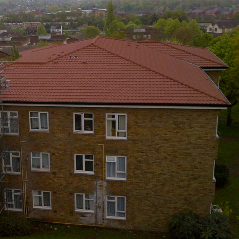 An image showing a roof fitted with Britmet Villatile Lightweight Tiles