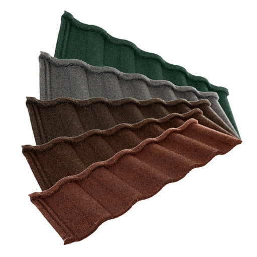 An image of the different colours for the  Britmet Villatile Lightweight Roof Tiles Titanium Grey. The colours are Bramble Brown, Rustic Brown, Rustic Terracotta, Tartan Green and Titanium Grey.