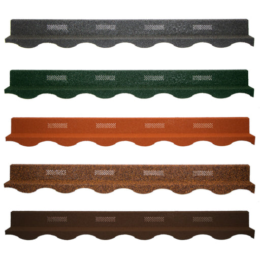 An image of the different colours for the  Britmet Villatile Ridge Closer Strip. The colours are Bramble Brown, Rustic Brown, Rustic Terracotta, Tartan Green and Titanium Grey.