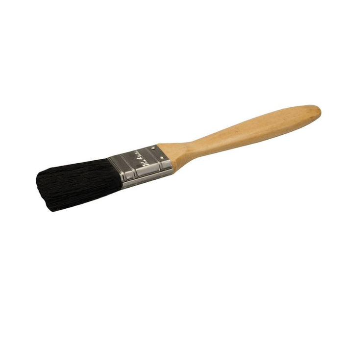 An image of a 1" - 25mm paint brush with a wooden handle and black bristles