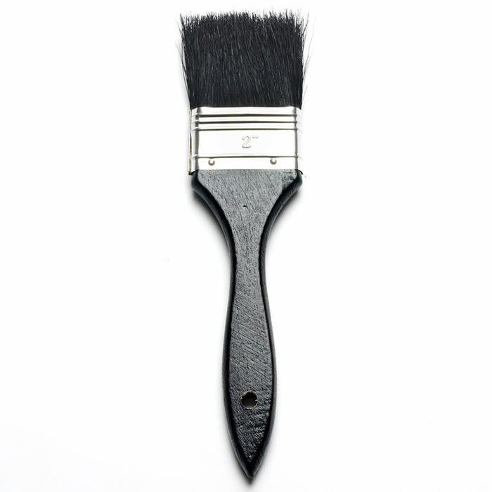 An image of a 2" - 50mm paint brush with a wooden handle and black bristles