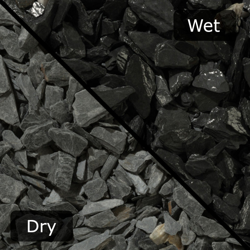 An image of Charcoal Slate Stone Chippings when they are wet and dry