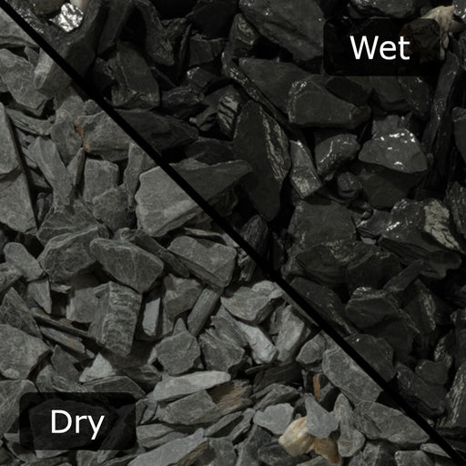 An image of Charcoal Slate Stone Chippings when they are wet and dry