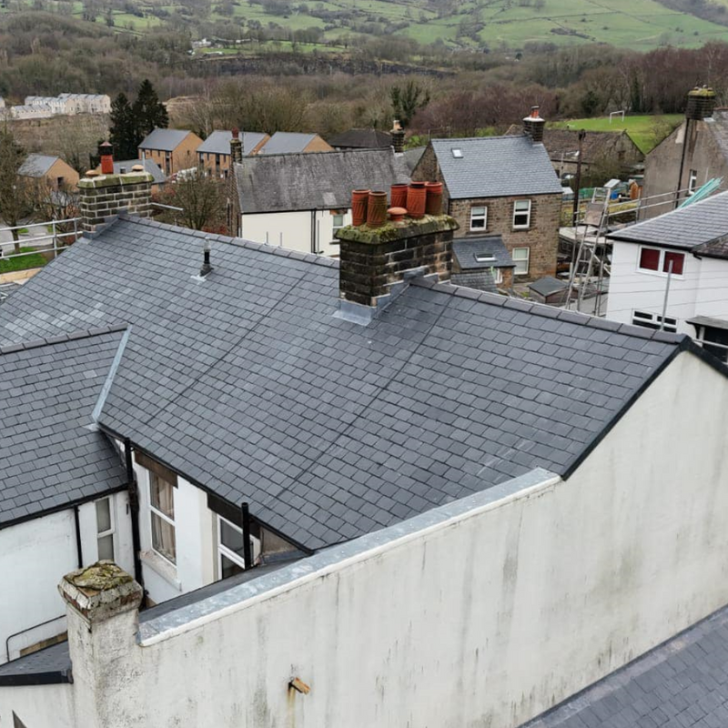Roofscape with Chinese slate on a residential area with greenery in the background
