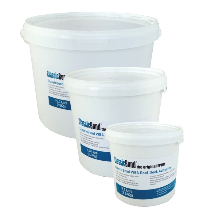 An image of the three sizes of ClassicBond Roof Deck Adhesive that are in 2.5L, 5Ltr, and 15 Litre tubs.