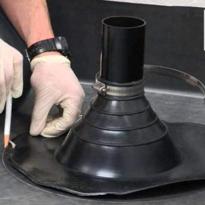 An image of a Classicbond EPDM Rubber PS / Pressure Sensitive Pipe Seal that is fitted to a pipe to show how it works.