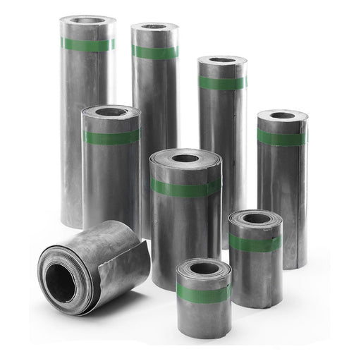 An image of 9 rolls of Code 3 Lead in different sizes. Each roll has a green strip of tape around it to identify it as Code 3.