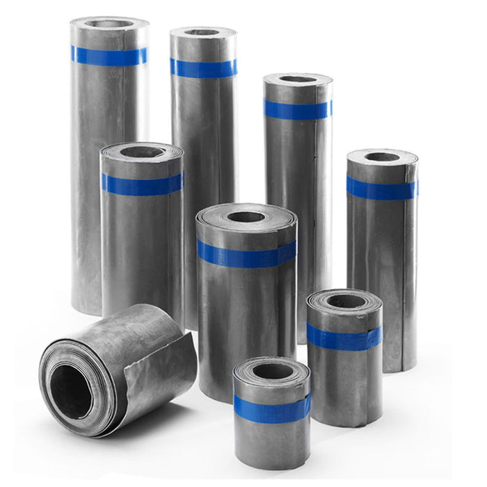 An image of 9 rolls of Code 4 Lead in different sizes. Each roll has a Blue strip of tape around it to identify it as Code 4.