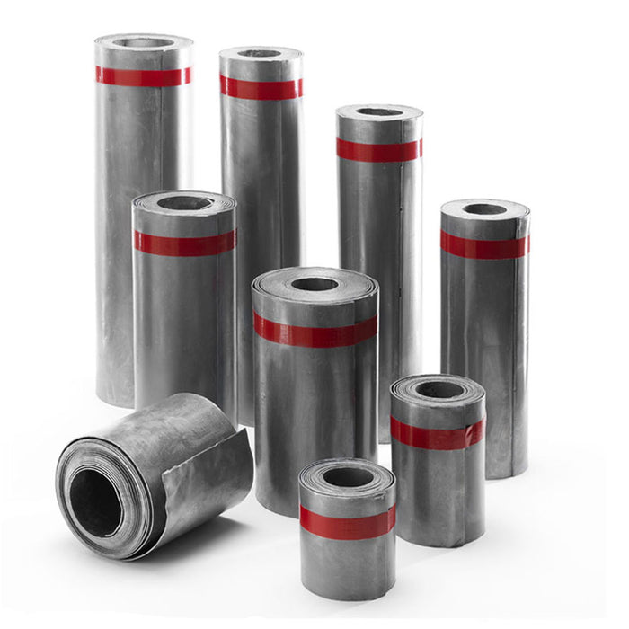 An image of 9 rolls of Code 5 Lead in different sizes. Each roll has a red strip of tape around it to identify it as Code 5.