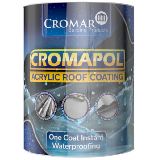 An image on a tin of Cromapol Acrylic Roof Coating by Cromar. It is against a white background.