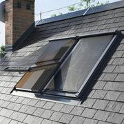 An image showing Dakea Anti Heat Blinds for Vertical widows - MIA and what they look like from the outside when once window is open and one closed.