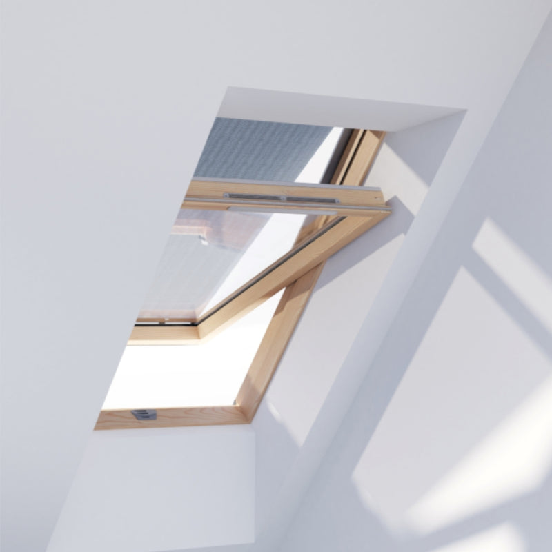 An image showing a Dakea Anti Heat Blind for Vertical widows - MIA and what it looks like from the inside when the window has a pine finish and open.