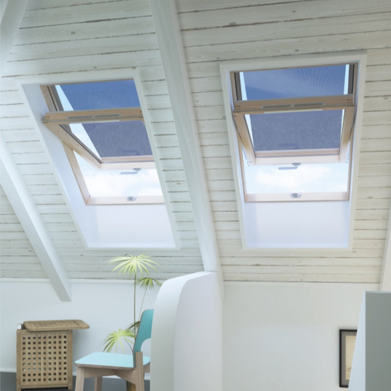 An image showing a Dakea Anti Heat Blind for Vertical widows - MIA and what they looks like from the inside when the windows are open.