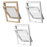 An image showing the 3 types of Dakea Better Energy Centre Pivot Roof Window KAV. They are with a Pine wood finish, a white finish and also the white PVC finish.