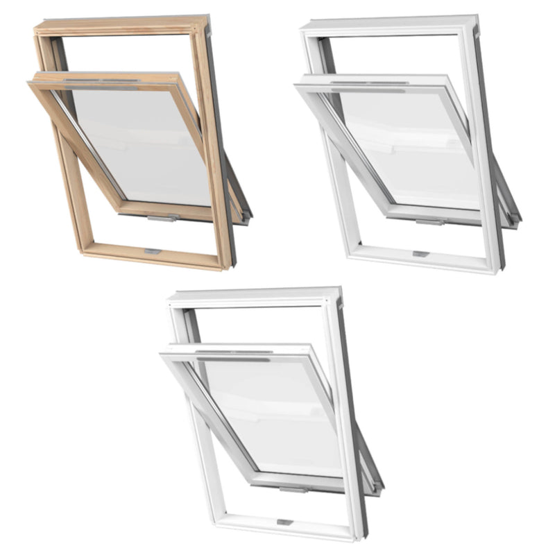 An image showing the 3 types of Dakea Better Energy Centre Pivot Roof Window KAV. They are with a Pine wood finish, a white finish and also the white PVC finish.