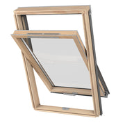 An image of an open Dakea Better Energy Centre Pivot Roof Window with a Pine finish KAV B1500