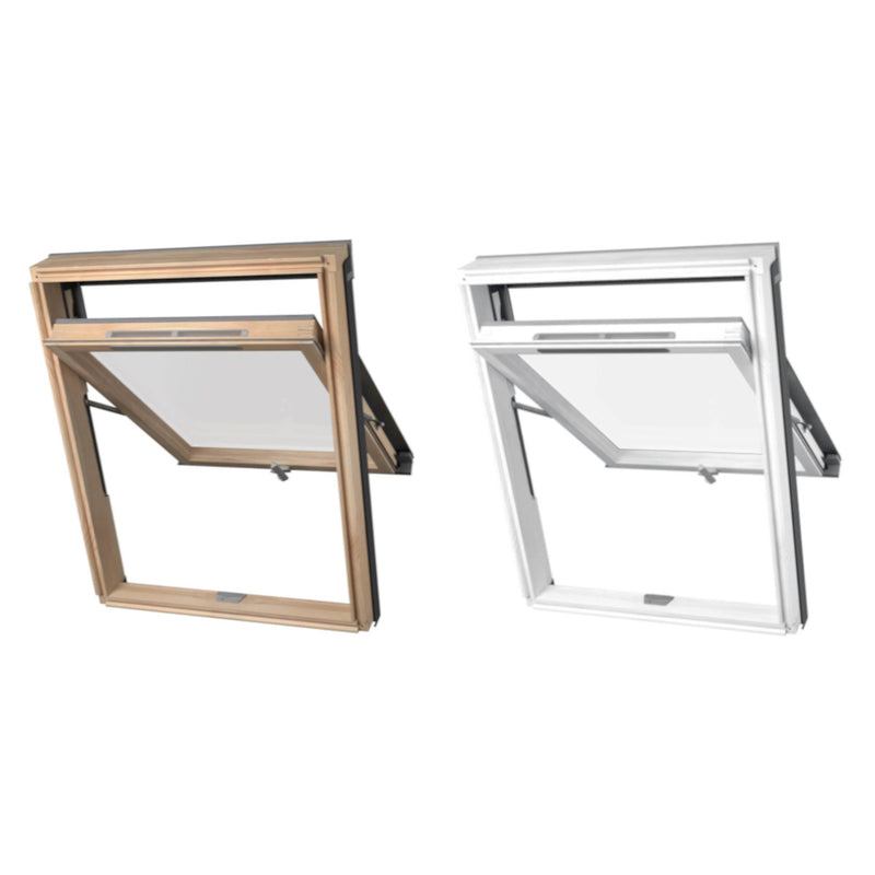 An image showing the types of Dakea Better View High Pivot Roof Window KHV. They are with a Pine wood finish, a white finish.